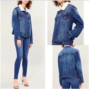 Good American Women’s Oversized Boyfriend Jean Jacket Size 0 Sherpa Collar